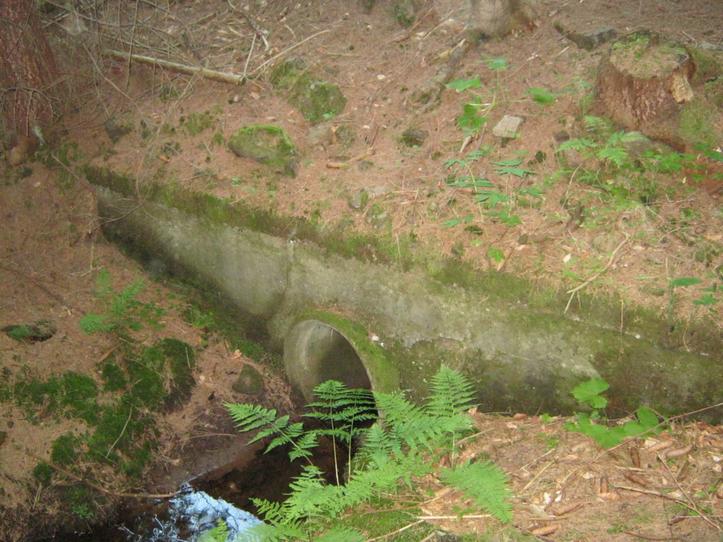 Betonowa przepływka regulująca strumień, tuż obok bocznej drogi i wybrania pod ewentualną sztolnię nr 5 w Górze Gontowa