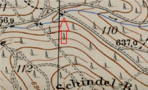 Fragment mapy topograficznej z 1936 roku, czerwoną strzałką zaznaczyłem omawiane miejsce